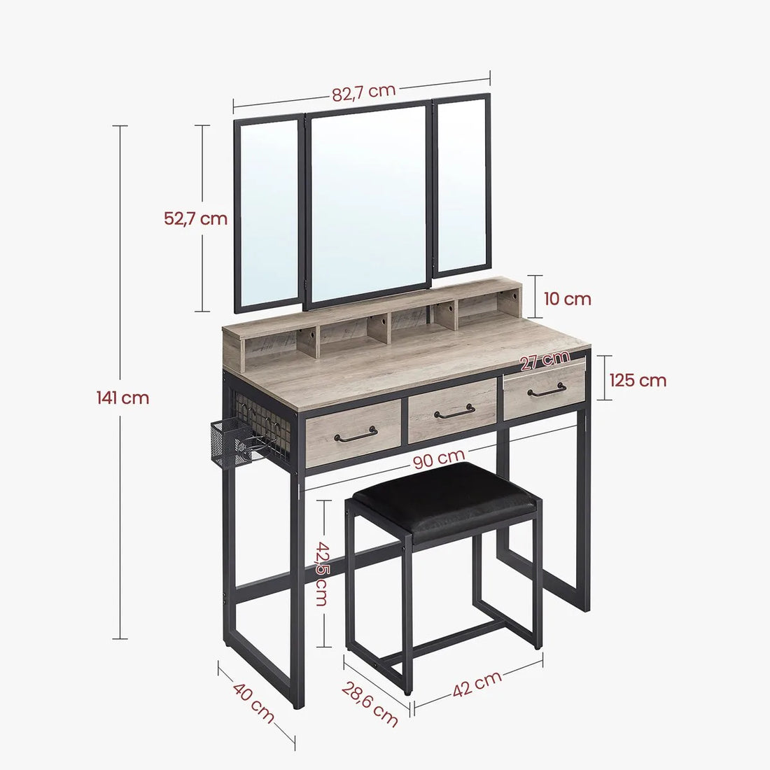 Furnstar Kaptafel met Kruk – Drievoudige Spiegel – 3 Lades – Föhnhouder – Industrieel Design – Grijs/Zwart