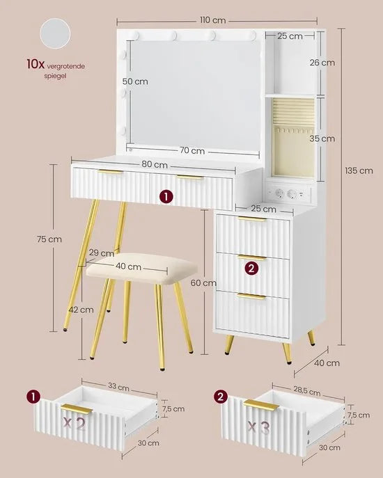 FurnStar Kaptafel met Kruk & Spiegel – Cosmeticatafel met Lades – 10x Vergrotende Spiegel – LED Verlichting – Sieradenlade – Oplaadstation – 40 x 110 x 135 cm – Wolkenwit
