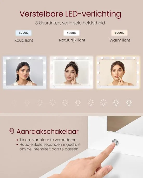FurnStar Kaptafel met Kruk & Spiegel – Cosmeticatafel met Lades – 10x Vergrotende Spiegel – LED Verlichting – Sieradenlade – Oplaadstation – 40 x 110 x 135 cm – Wolkenwit