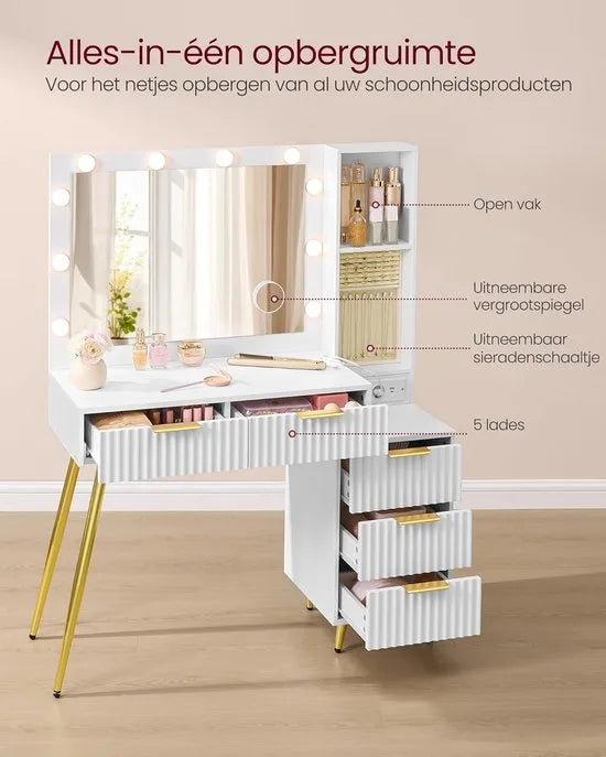 FurnStar Kaptafel met Kruk & Spiegel – Cosmeticatafel met Lades – 10x Vergrotende Spiegel – LED Verlichting – Sieradenlade – Oplaadstation – 40 x 110 x 135 cm – Wolkenwit