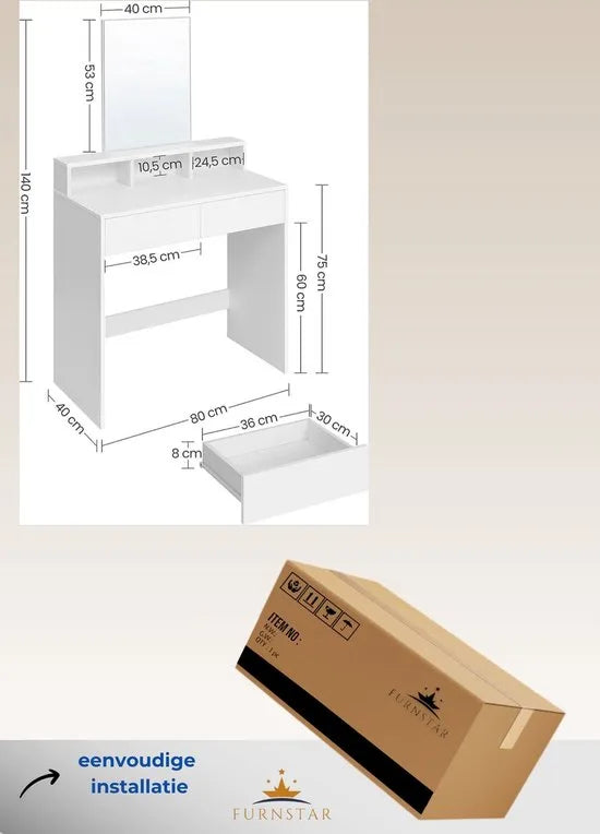 FurnStar kaptafel met spiegel - 80x40x140 cm - Wit