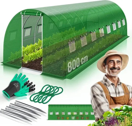 FurnStar - Kas Stabiele Tuinkas met 16 Ramen - Klamboe en Deur - Kas met Gegalvaniseerd Stalen Frame - Filmtunnel 170 g/m² - Inclusief Grondankers - Handschoenen en Touwen - 800x300 cm