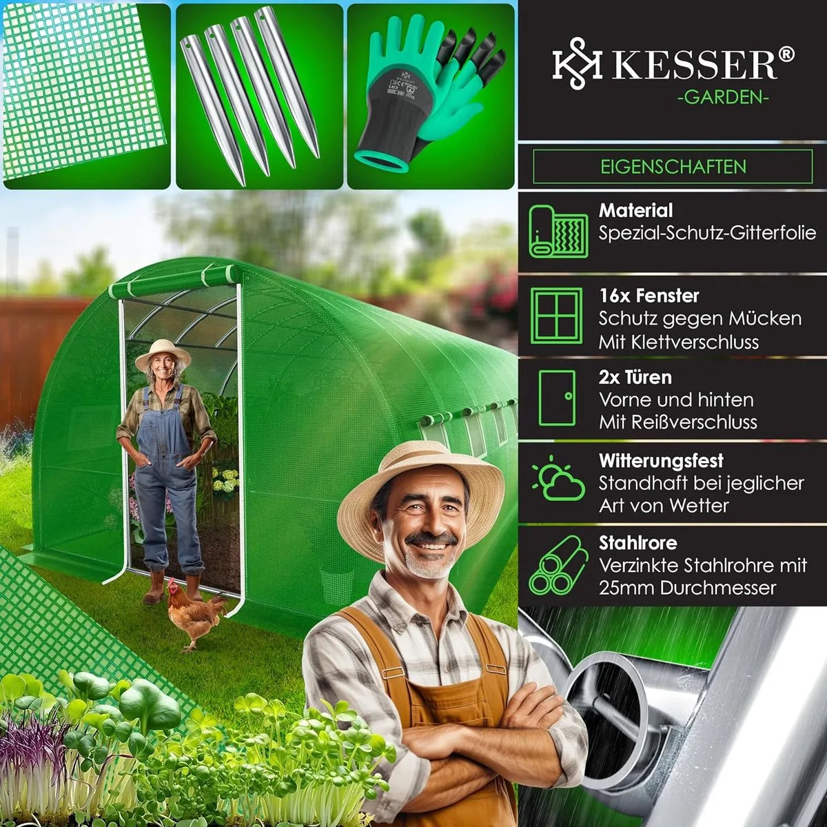 FurnStar - Kas Stabiele Tuinkas met 16 Ramen - Klamboe en Deur - Kas met Gegalvaniseerd Stalen Frame - Filmtunnel 170 g/m² - Inclusief Grondankers - Handschoenen en Touwen - 800x300 cm