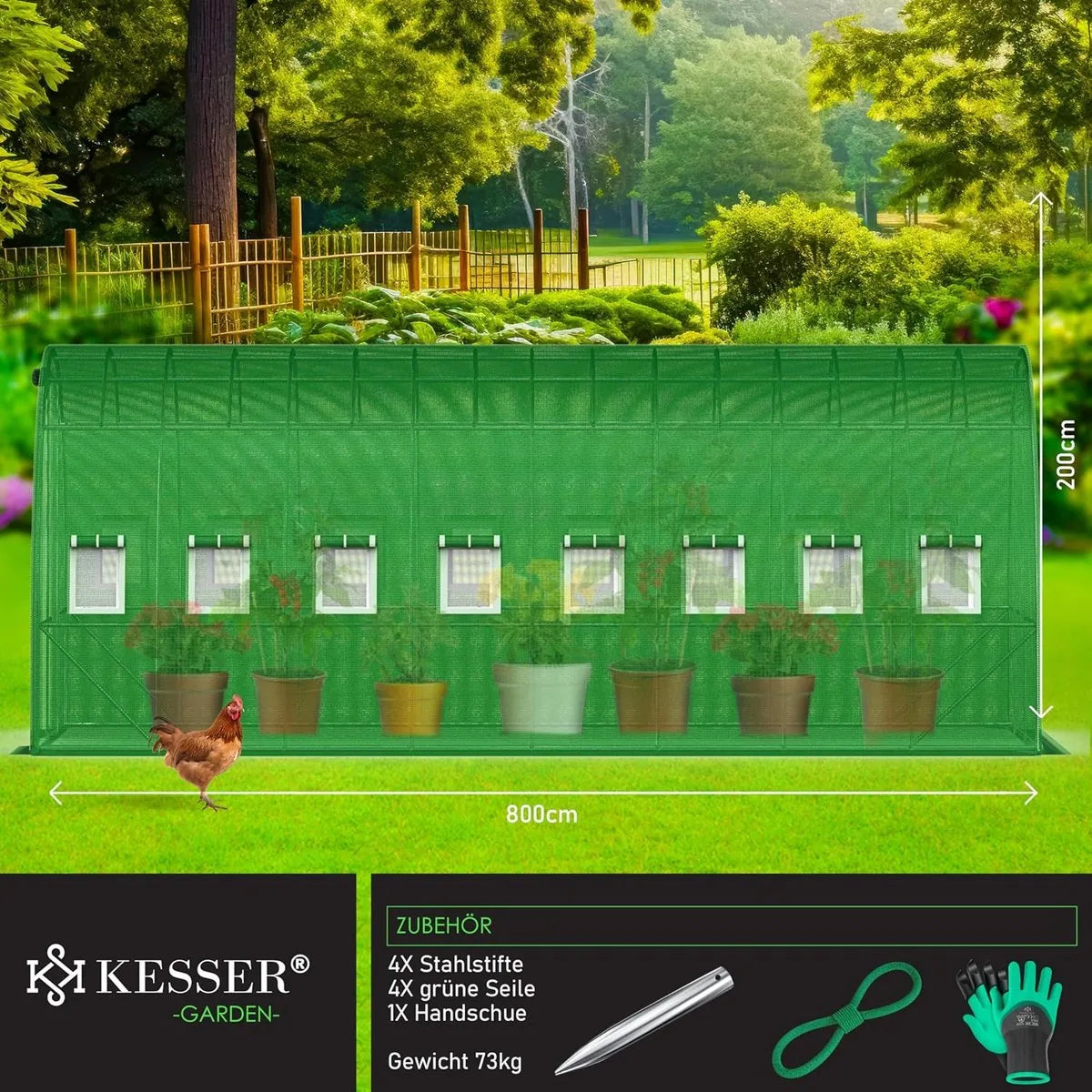 FurnStar - Kas Stabiele Tuinkas met 16 Ramen - Klamboe en Deur - Kas met Gegalvaniseerd Stalen Frame - Filmtunnel 170 g/m² - Inclusief Grondankers - Handschoenen en Touwen - 800x300 cm