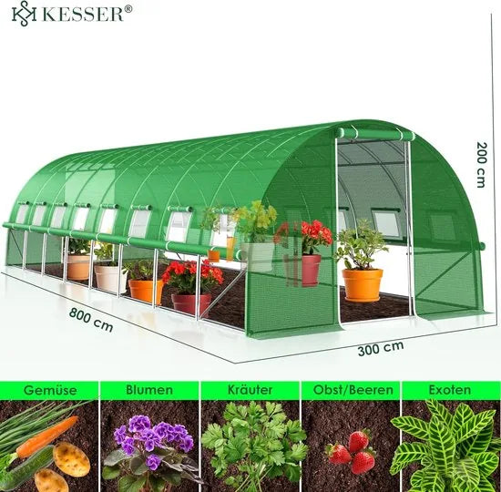 FurnStar - Kas Stabiele Tuinkas met 16 Ramen - Klamboe en Deur - Kas met Gegalvaniseerd Stalen Frame - Filmtunnel 170 g/m² - Inclusief Grondankers - Handschoenen en Touwen - 800x300 cm