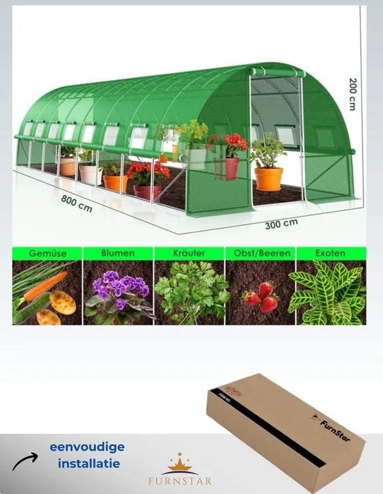 FurnStar - Kas Stabiele Tuinkas met 16 Ramen - Klamboe en Deur - Kas met Gegalvaniseerd Stalen Frame - Filmtunnel 170 g/m² - Inclusief Grondankers - Handschoenen en Touwen - 800x300 cm