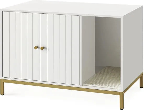 FurnStar - Kattenbak - kattenhuis - kattentoilet - met krabmat - hoge poten - voor katten - bijzettafel - 80 x 50 x 55 cm - wit-goudkleurig