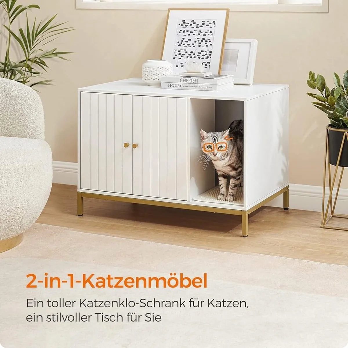 FurnStar - Kattenbak - kattenhuis - kattentoilet - met krabmat - hoge poten - voor katten - bijzettafel - 80 x 50 x 55 cm - wit-goudkleurig