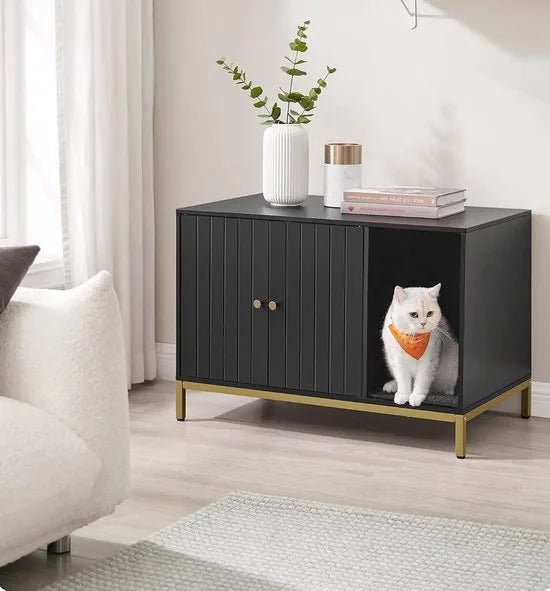 FurnStar - Kattenbak - Kattenhuis - Kattentoilet - Met krabmat - Hoge poten - Voor katten - Bijzettafel - 80 x 50 x 55 cm - Zwart - Goudkleurig