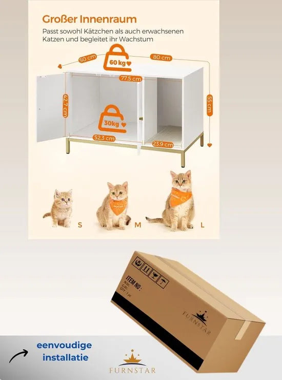 FurnStar - Kattenbak - kattenhuis - kattentoilet - met krabmat - hoge poten - voor katten - bijzettafel - 80 x 50 x 55 cm - wit-goudkleurig