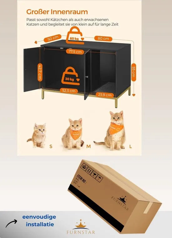FurnStar - Kattenbak - Kattenhuis - Kattentoilet - Met krabmat - Hoge poten - Voor katten - Bijzettafel - 80 x 50 x 55 cm - Zwart - Goudkleurig