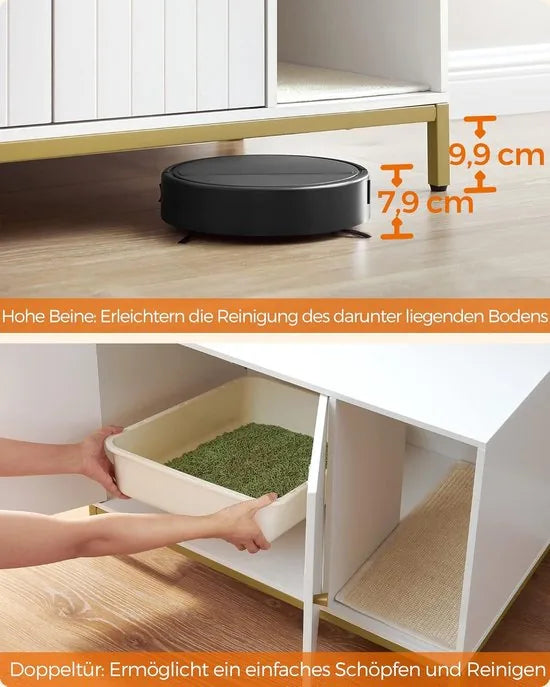 FurnStar - Kattenbak - kattenhuis - kattentoilet - met krabmat - hoge poten - voor katten - bijzettafel - 80 x 50 x 55 cm - wit-goudkleurig