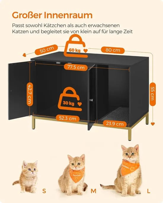 FurnStar - Kattenbak - Kattenhuis - Kattentoilet - Met krabmat - Hoge poten - Voor katten - Bijzettafel - 80 x 50 x 55 cm - Zwart - Goudkleurig