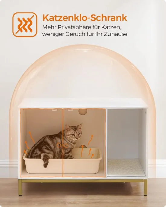 FurnStar - Kattenbak - kattenhuis - kattentoilet - met krabmat - hoge poten - voor katten - bijzettafel - 80 x 50 x 55 cm - wit-goudkleurig