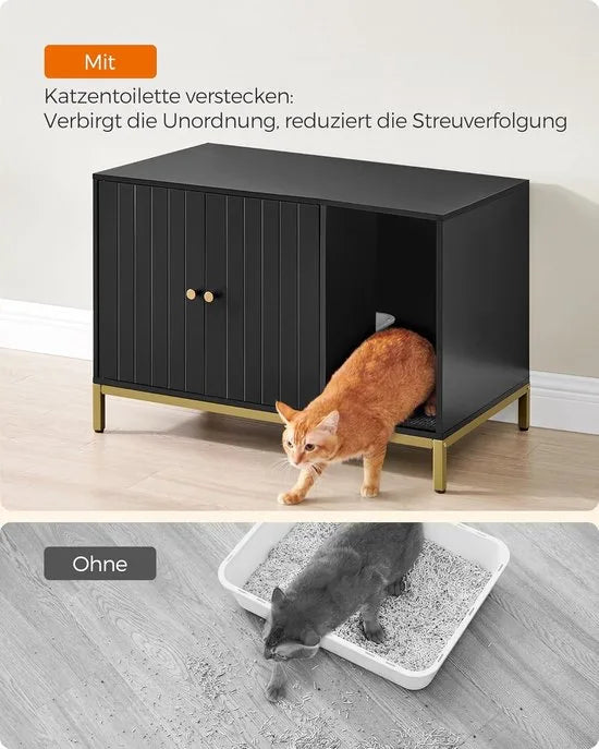 FurnStar - Kattenbak - Kattenhuis - Kattentoilet - Met krabmat - Hoge poten - Voor katten - Bijzettafel - 80 x 50 x 55 cm - Zwart - Goudkleurig