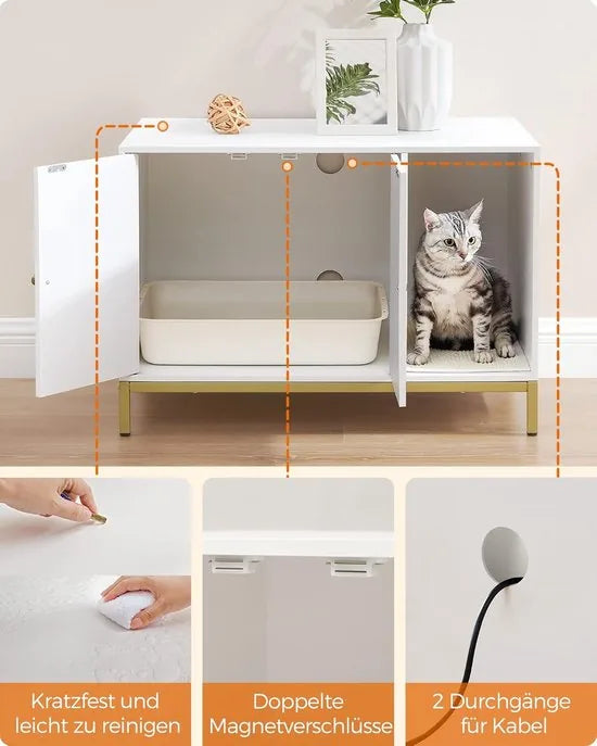 FurnStar - Kattenbak - kattenhuis - kattentoilet - met krabmat - hoge poten - voor katten - bijzettafel - 80 x 50 x 55 cm - wit-goudkleurig