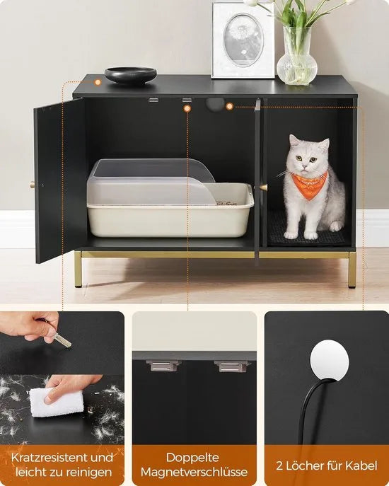 FurnStar - Kattenbak - Kattenhuis - Kattentoilet - Met krabmat - Hoge poten - Voor katten - Bijzettafel - 80 x 50 x 55 cm - Zwart - Goudkleurig