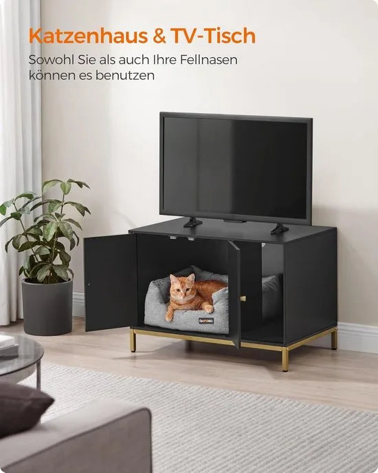 FurnStar - Kattenbak - Kattenhuis - Kattentoilet - Met krabmat - Hoge poten - Voor katten - Bijzettafel - 80 x 50 x 55 cm - Zwart - Goudkleurig