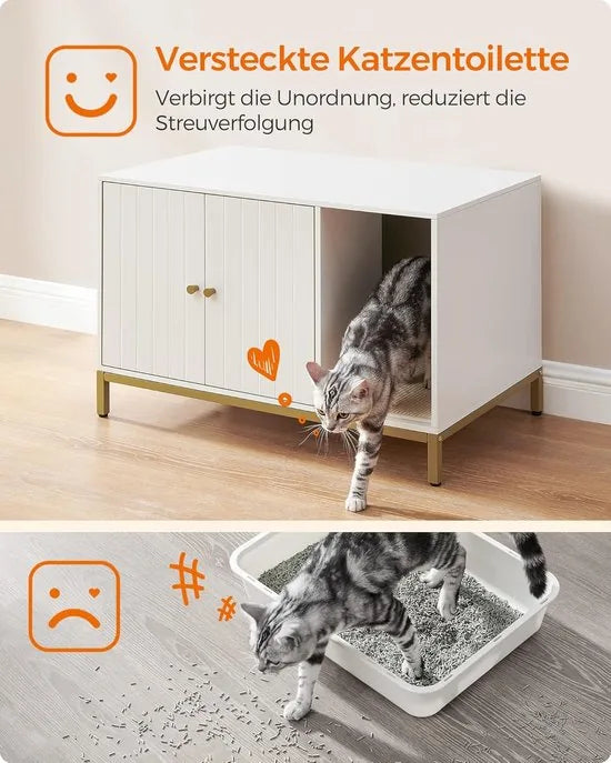 FurnStar - Kattenbak - kattenhuis - kattentoilet - met krabmat - hoge poten - voor katten - bijzettafel - 80 x 50 x 55 cm - wit-goudkleurig