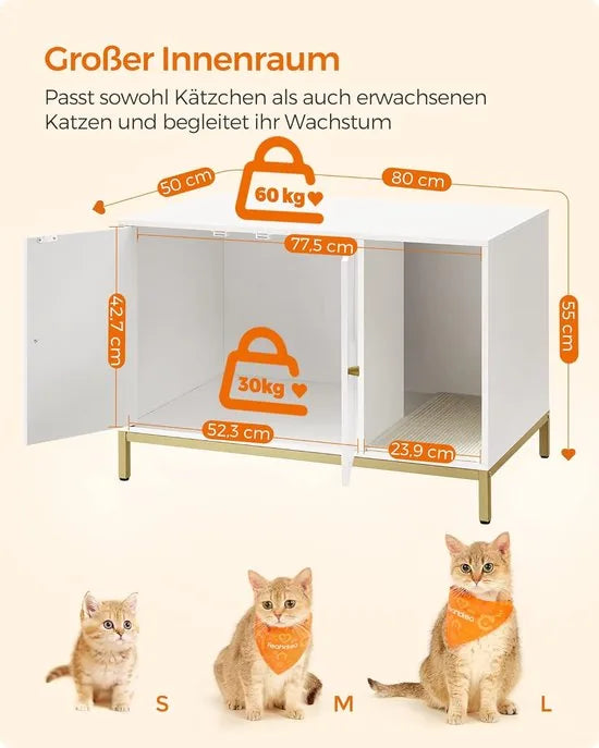 FurnStar - Kattenbak - kattenhuis - kattentoilet - met krabmat - hoge poten - voor katten - bijzettafel - 80 x 50 x 55 cm - wit-goudkleurig
