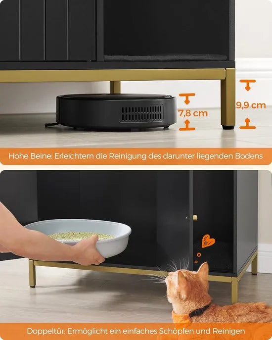 FurnStar - Kattenbak - Kattenhuis - Kattentoilet - Met krabmat - Hoge poten - Voor katten - Bijzettafel - 80 x 50 x 55 cm - Zwart - Goudkleurig