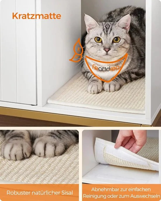 FurnStar - Kattenbak - kattenhuis - kattentoilet - met krabmat - hoge poten - voor katten - bijzettafel - 80 x 50 x 55 cm - wit-goudkleurig