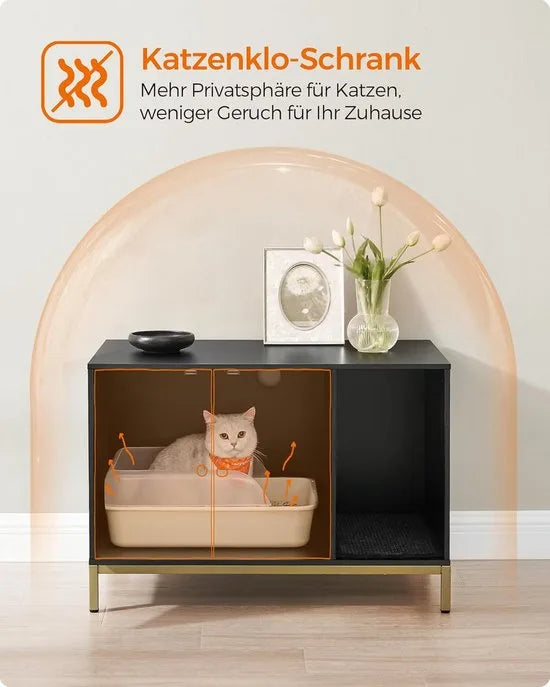 FurnStar - Kattenbak - Kattenhuis - Kattentoilet - Met krabmat - Hoge poten - Voor katten - Bijzettafel - 80 x 50 x 55 cm - Zwart - Goudkleurig