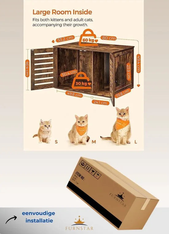 FurnStar - Kattenbak - Kattenhuis - Met deuren - 80 x 53 x 49,3 cm - Vintage bruin