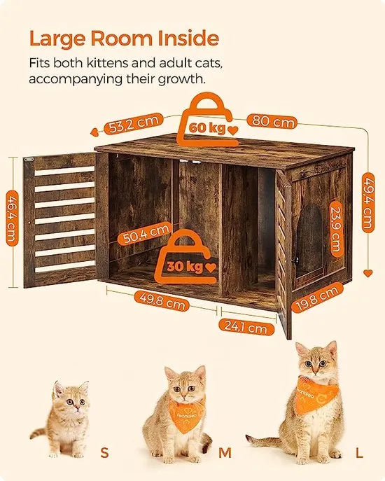Furnstar Kattenhuis - Kattenbakkast met uitneembare scheidingswand - Tafel - 80 x 53 x 50 cm - Vintage Bruin – Bruin FurnStar Kattenbak Kattenhuis  (1910)