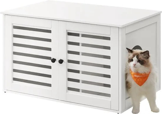 Furnstar Kattenbak - Kattenhuis met uitneembare scheidingswand - 2 lamellendeuren - Kattentoilet - Bijzettafel - 80 x 53 x 49 cm - Wolkenwit