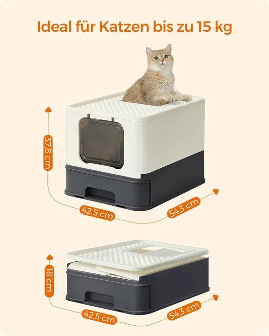 FurnStar - Kattenbak - Kattentoilet - Met Deksel - Uittrekbaar Dienblad - Schep - Borstel - Ruim - Voor Katten Tot 15 Kg - Minder Sporen - Lekvrije Bodem - Havermoutkleurig - Beige / Zwart .