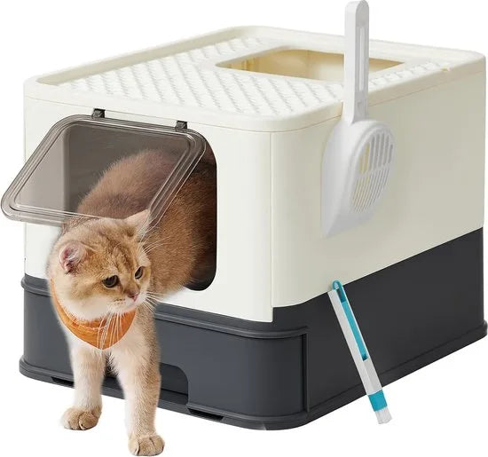 FurnStar - Kattenbak - Kattentoilet - Met Deksel - Uittrekbaar Dienblad - Schep - Borstel - Ruim - Voor Katten Tot 15 Kg - Minder Sporen - Lekvrije Bodem - Havermoutkleurig - Beige / Zwart .