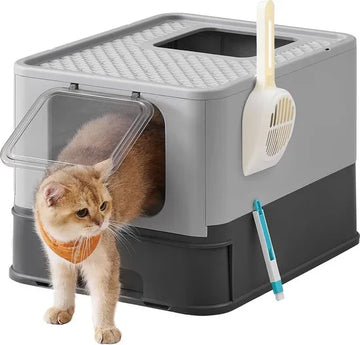FurnStar - Kattenbak - Kattentoilet - Met Deksel - Uittrekbaar Dienblad - Schep - Borstel - Ruim - Voor Katten Tot 15 Kg - Minder Sporen - Lekvrije Bodem - Havermoutkleurig - Antracietgrijs / Duifgrijs Kleur .