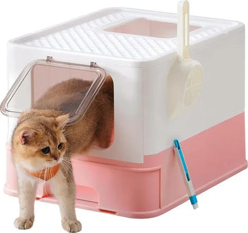 FurnStar - Kattenbak - Kattentoilet - Met Deksel - Uittrekbaar Dienblad - Schep - Borstel - Ruim - Voor Katten Tot 15 Kg - Minder Sporen - Lekvrije Bodem - Havermoutkleurig - Wit / Pastelroze Kleur .