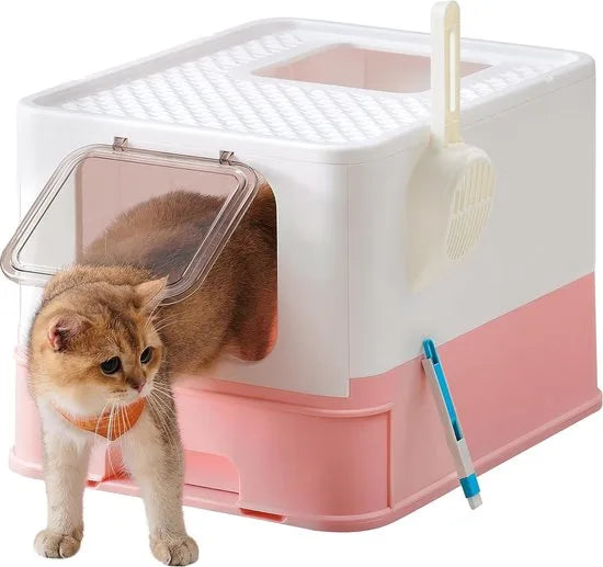 FurnStar - Kattenbak - Kattentoilet - Met Deksel - Uittrekbaar Dienblad - Schep - Borstel - Ruim - Voor Katten Tot 15 Kg - Minder Sporen - Lekvrije Bodem - Havermoutkleurig - Wit / Pastelroze Kleur .
