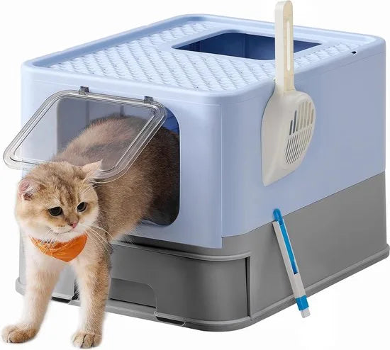FurnStar - Kattenbak - Kattentoilet - Met Deksel - Uittrekbaar Dienblad - Schep - Borstel - Ruim - Voor Katten Tot 15 Kg - Minder Sporen - Lekvrije Bodem - Havermoutkleurig - Warmgrijs – Lichtblauw / duifgrijs