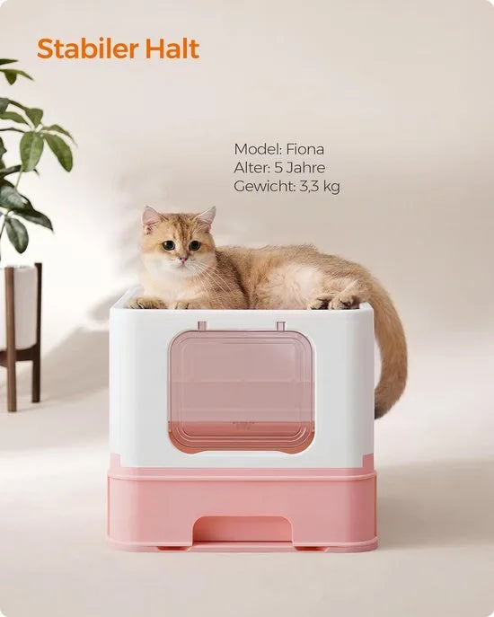 FurnStar - Kattenbak - Kattentoilet - Met Deksel - Uittrekbaar Dienblad - Schep - Borstel - Ruim - Voor Katten Tot 15 Kg - Minder Sporen - Lekvrije Bodem - Havermoutkleurig - Wit / Pastelroze Kleur .