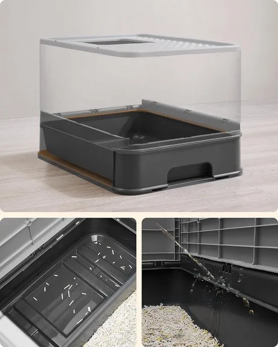 FurnStar - Kattenbak - Kattentoilet - Met Deksel - Uittrekbaar Dienblad - Schep - Borstel - Ruim - Voor Katten Tot 15 Kg - Minder Sporen - Lekvrije Bodem - Havermoutkleurig - Antracietgrijs / Duifgrijs Kleur .