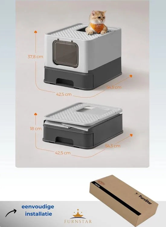 FurnStar - Kattenbak - Kattentoilet - Met Deksel - Uittrekbaar Dienblad - Schep - Borstel - Ruim - Voor Katten Tot 15 Kg - Minder Sporen - Lekvrije Bodem - Havermoutkleurig - Antracietgrijs / Duifgrijs Kleur .