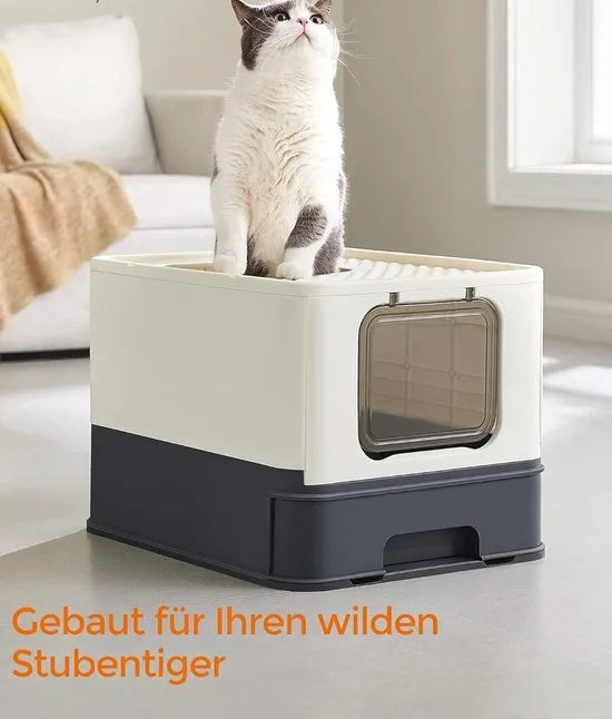 FurnStar - Kattenbak - Kattentoilet - Met Deksel - Uittrekbaar Dienblad - Schep - Borstel - Ruim - Voor Katten Tot 15 Kg - Minder Sporen - Lekvrije Bodem - Havermoutkleurig - Beige / Zwart .