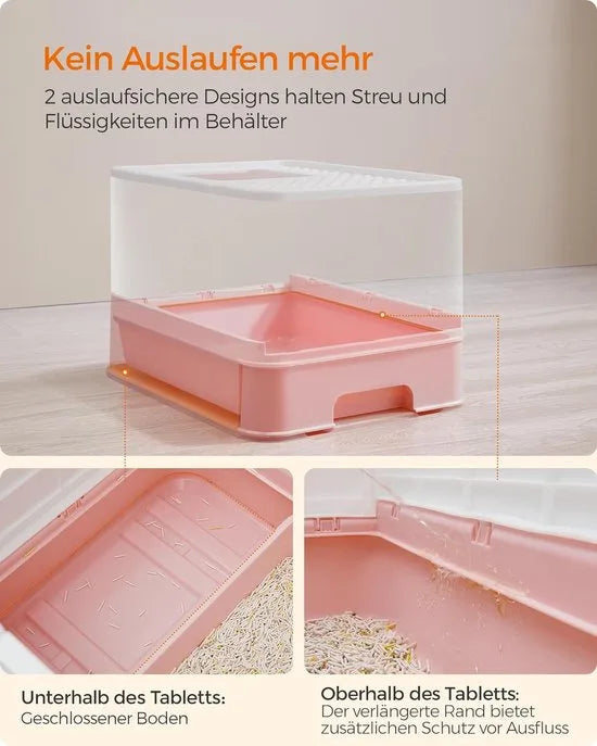 FurnStar - Kattenbak - Kattentoilet - Met Deksel - Uittrekbaar Dienblad - Schep - Borstel - Ruim - Voor Katten Tot 15 Kg - Minder Sporen - Lekvrije Bodem - Havermoutkleurig - Wit / Pastelroze Kleur .