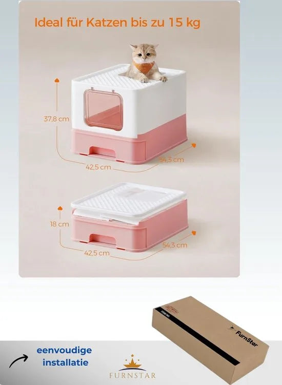 FurnStar - Kattenbak - Kattentoilet - Met Deksel - Uittrekbaar Dienblad - Schep - Borstel - Ruim - Voor Katten Tot 15 Kg - Minder Sporen - Lekvrije Bodem - Havermoutkleurig - Wit / Pastelroze Kleur .