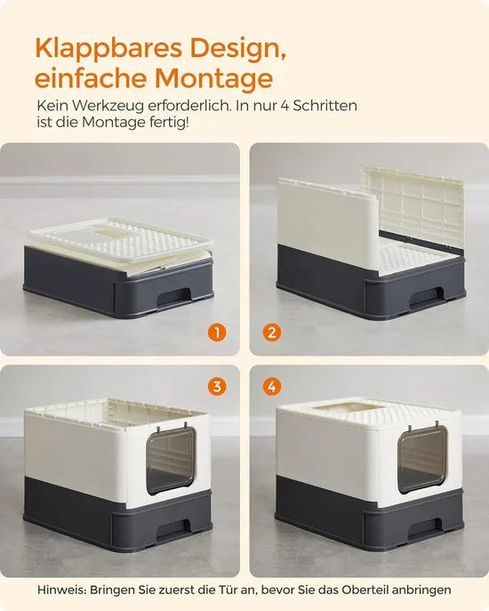 FurnStar - Kattenbak - Kattentoilet - Met Deksel - Uittrekbaar Dienblad - Schep - Borstel - Ruim - Voor Katten Tot 15 Kg - Minder Sporen - Lekvrije Bodem - Havermoutkleurig - Beige / Zwart .