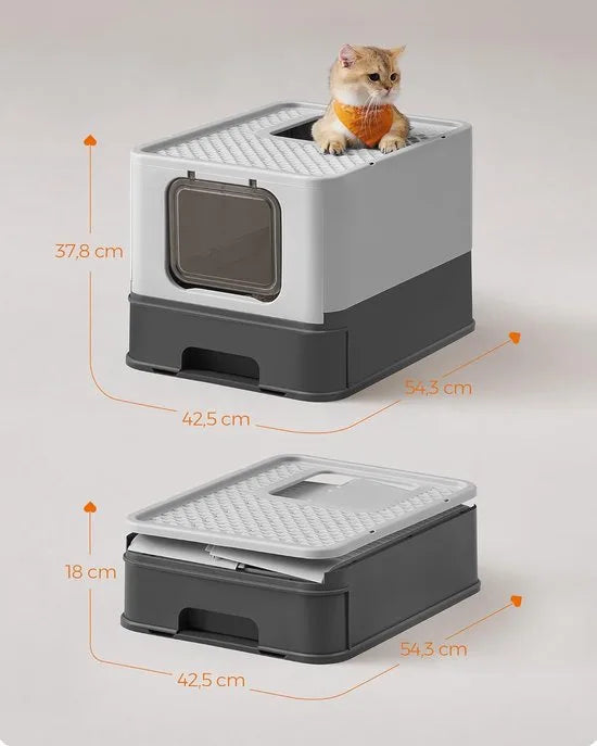 FurnStar - Kattenbak - Kattentoilet - Met Deksel - Uittrekbaar Dienblad - Schep - Borstel - Ruim - Voor Katten Tot 15 Kg - Minder Sporen - Lekvrije Bodem - Havermoutkleurig - Antracietgrijs / Duifgrijs Kleur .