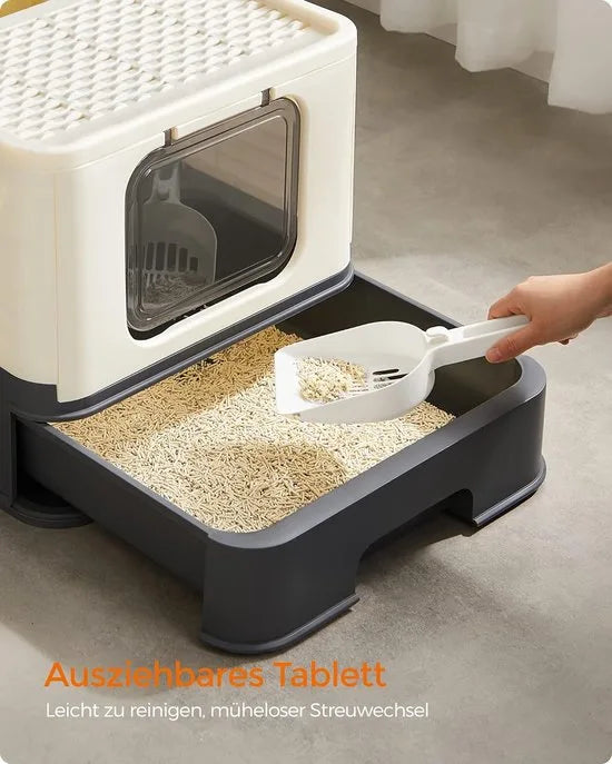 FurnStar - Kattenbak - Kattentoilet - Met Deksel - Uittrekbaar Dienblad - Schep - Borstel - Ruim - Voor Katten Tot 15 Kg - Minder Sporen - Lekvrije Bodem - Havermoutkleurig - Beige / Zwart .