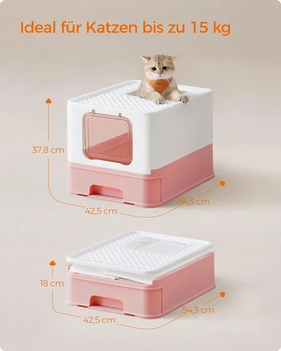 FurnStar - Kattenbak - Kattentoilet - Met Deksel - Uittrekbaar Dienblad - Schep - Borstel - Ruim - Voor Katten Tot 15 Kg - Minder Sporen - Lekvrije Bodem - Havermoutkleurig - Wit / Pastelroze Kleur .