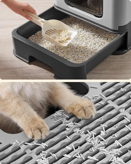 FurnStar - Kattenbak - Kattentoilet - Met Deksel - Uittrekbaar Dienblad - Schep - Borstel - Ruim - Voor Katten Tot 15 Kg - Minder Sporen - Lekvrije Bodem - Havermoutkleurig - Antracietgrijs / Duifgrijs Kleur .