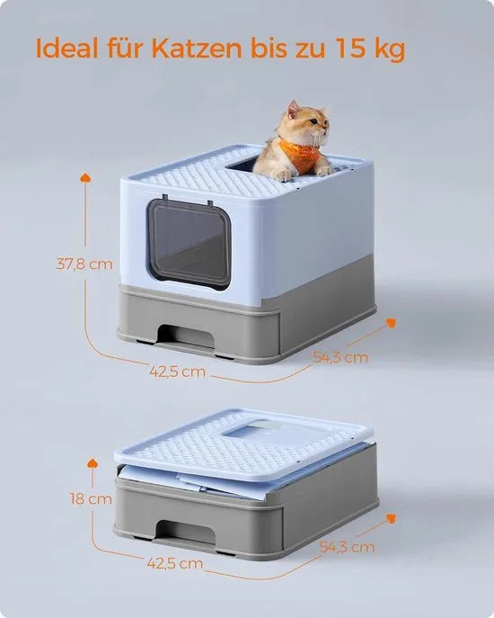 FurnStar - Kattenbak - Kattentoilet - Met Deksel - Uittrekbaar Dienblad - Schep - Borstel - Ruim - Voor Katten Tot 15 Kg - Minder Sporen - Lekvrije Bodem - Havermoutkleurig - Warmgrijs – Lichtblauw / duifgrijs