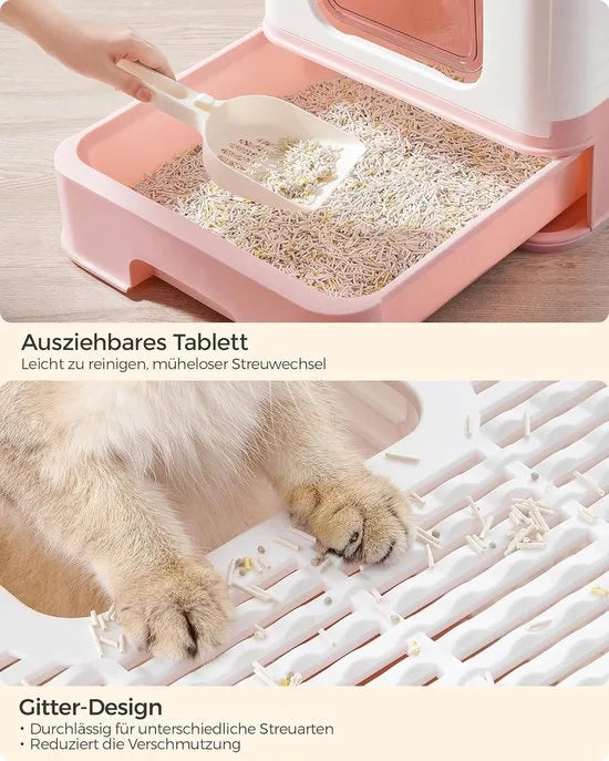 FurnStar - Kattenbak - Kattentoilet - Met Deksel - Uittrekbaar Dienblad - Schep - Borstel - Ruim - Voor Katten Tot 15 Kg - Minder Sporen - Lekvrije Bodem - Havermoutkleurig - Wit / Pastelroze Kleur .