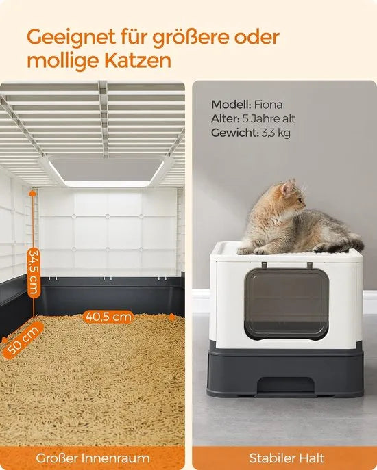 FurnStar - Kattenbak - Kattentoilet - Met Deksel - Uittrekbaar Dienblad - Schep - Borstel - Ruim - Voor Katten Tot 15 Kg - Minder Sporen - Lekvrije Bodem - Havermoutkleurig - Beige / Zwart .